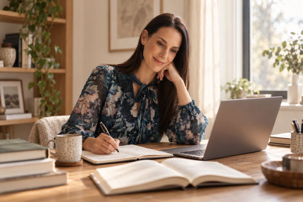 Dr. Gerh&aacute;t R&eacute;ka mosolyogva jegyzetel az &iacute;r&oacute;asztal&aacute;n&aacute;l, laptop &eacute;s nyitott k&ouml;nyvek mellett
