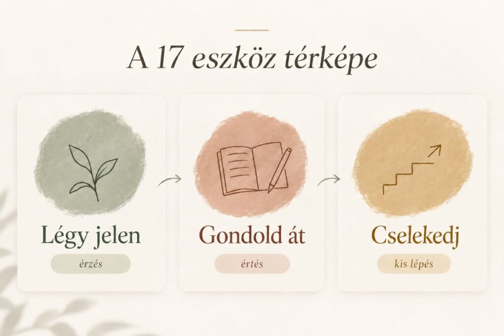 Infografika a 17 eszk&ouml;z t&eacute;rk&eacute;p&eacute;ről: L&eacute;gy jelen, Gondold &aacute;t, Cselekedj