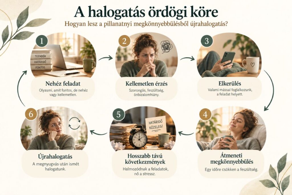 Infografika a halogat&aacute;s &ouml;rd&ouml;gi k&ouml;r&eacute;ről: neh&eacute;z feladat, kellemetlen &eacute;rz&eacute;s, elker&uuml;l&eacute;s, &aacute;tmeneti megk&ouml;nnyebb&uuml;l&eacute;s, hosszabb t&aacute;v&uacute; k&ouml;vetkezm&eacute;nyek, &uacute;jrahalogat&aacute;s