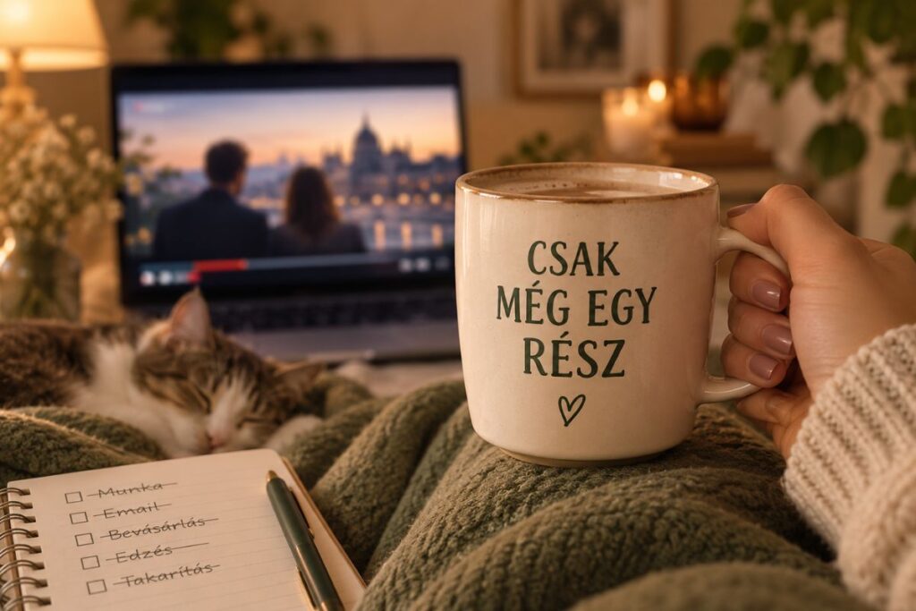 B&ouml;gre &bdquo;Csak m&eacute;g egy r&eacute;sz&rdquo; felirattal, h&aacute;tt&eacute;rben sorozat a laptopon, alv&oacute; macska &eacute;s teendőlista